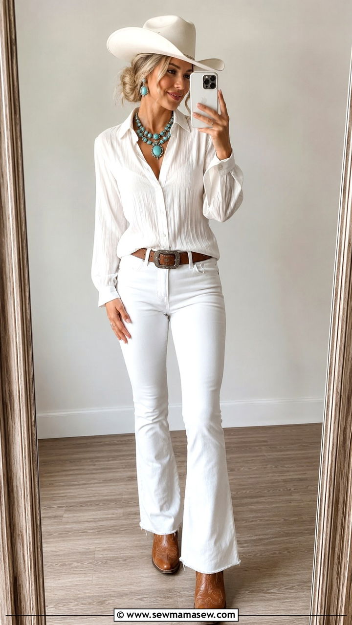 All White Jeans Outfit with Turquoise Necklace - 25 Western outfit ideas for rodeo