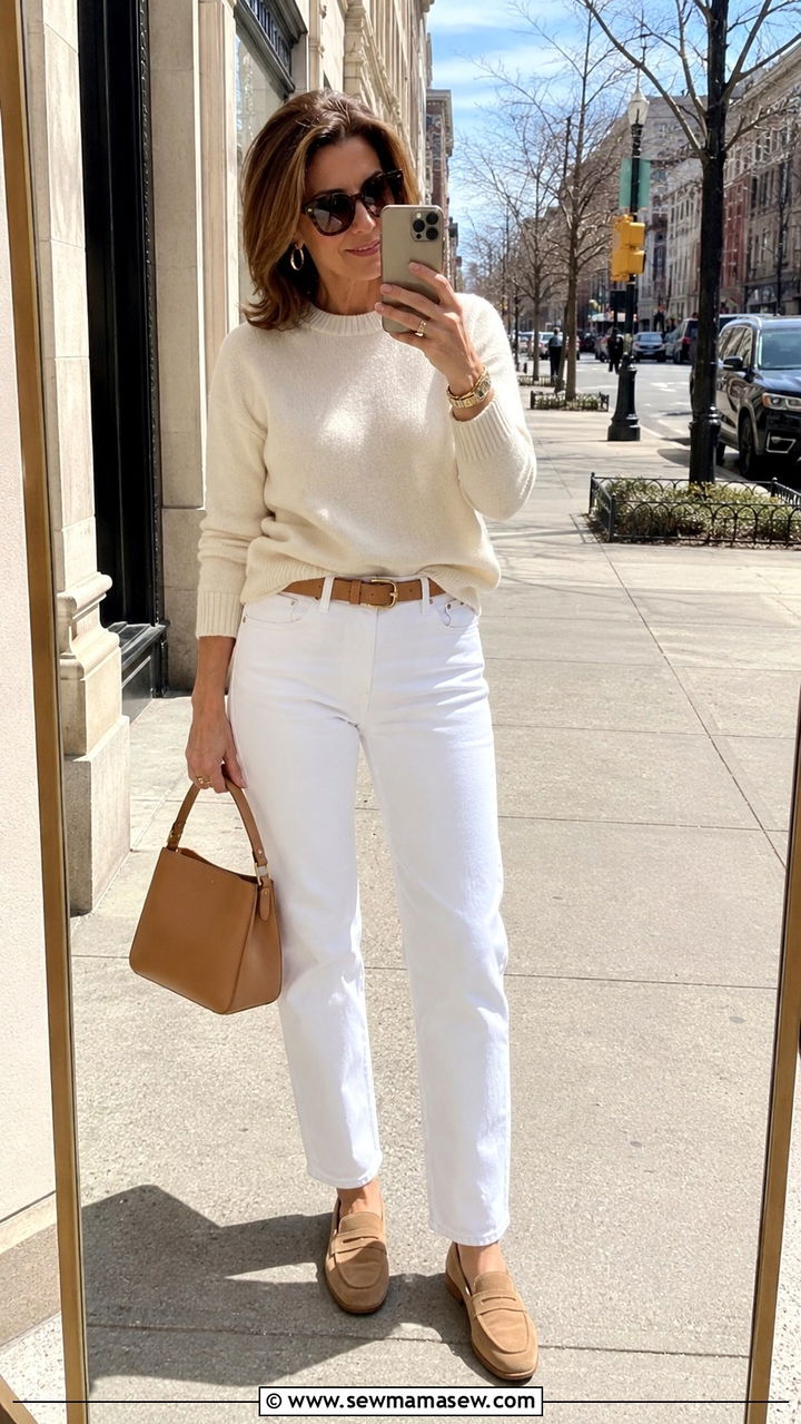 All White Jeans and a Cashmere Crewneck - 30 Trendy outfit ideas for women over 60