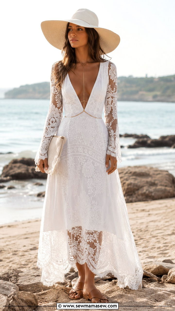 All White Lace Maxi Dress With a Floppy Hat - 25 Boho outfit ideas 60s style