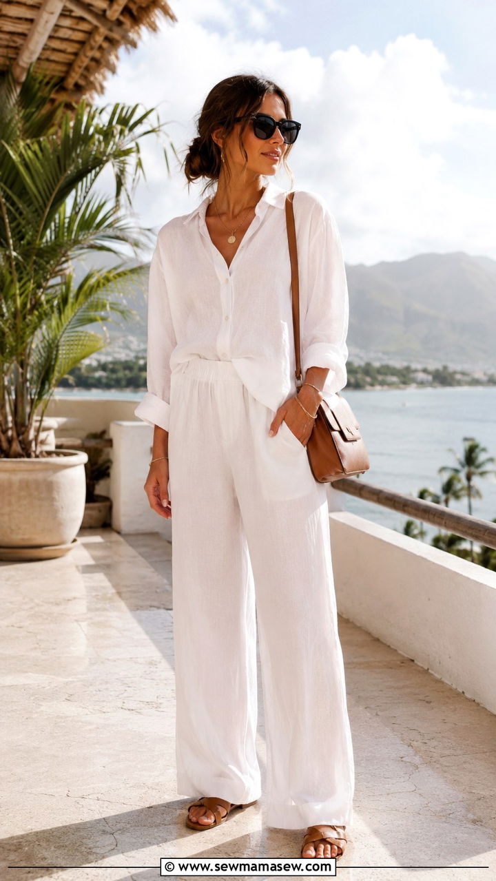 All White Linen Button Up With Wide Leg Trousers - 25 Tropical vacation outfit ideas 2026