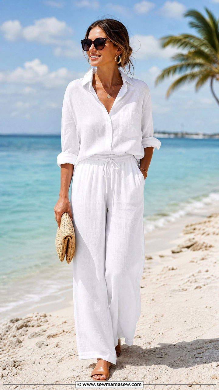 All White Linen Matching Set - 30 Linen pants outfit ideas for beach