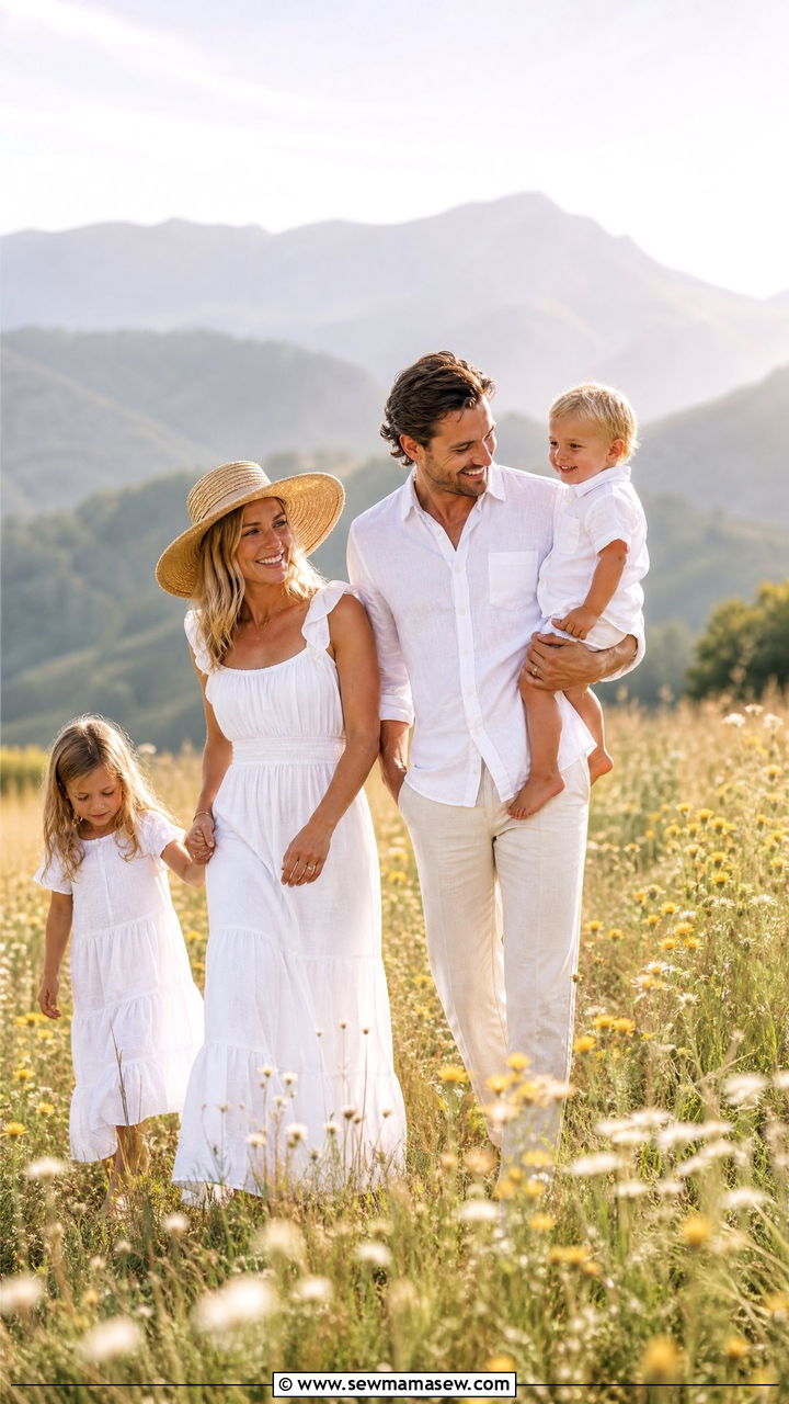 All White Linen Outfits For Wildflower Field Photos - 30 family photo outfits ideas