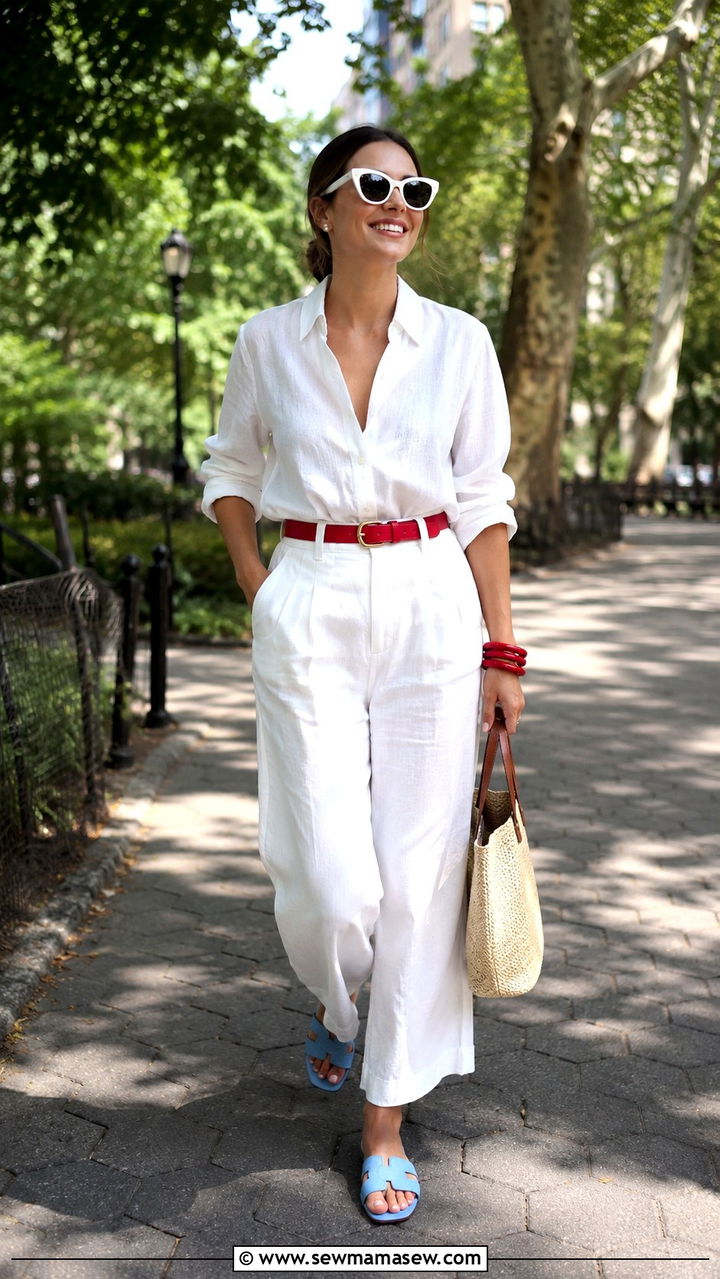 All White Linen Set With Red Accessories And Blue Slides - 30 July 4th weekend outfit ideas