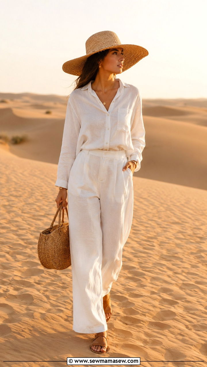 All White Linen Set With Straw Hat - 25 Modest outfit ideas for desert trip