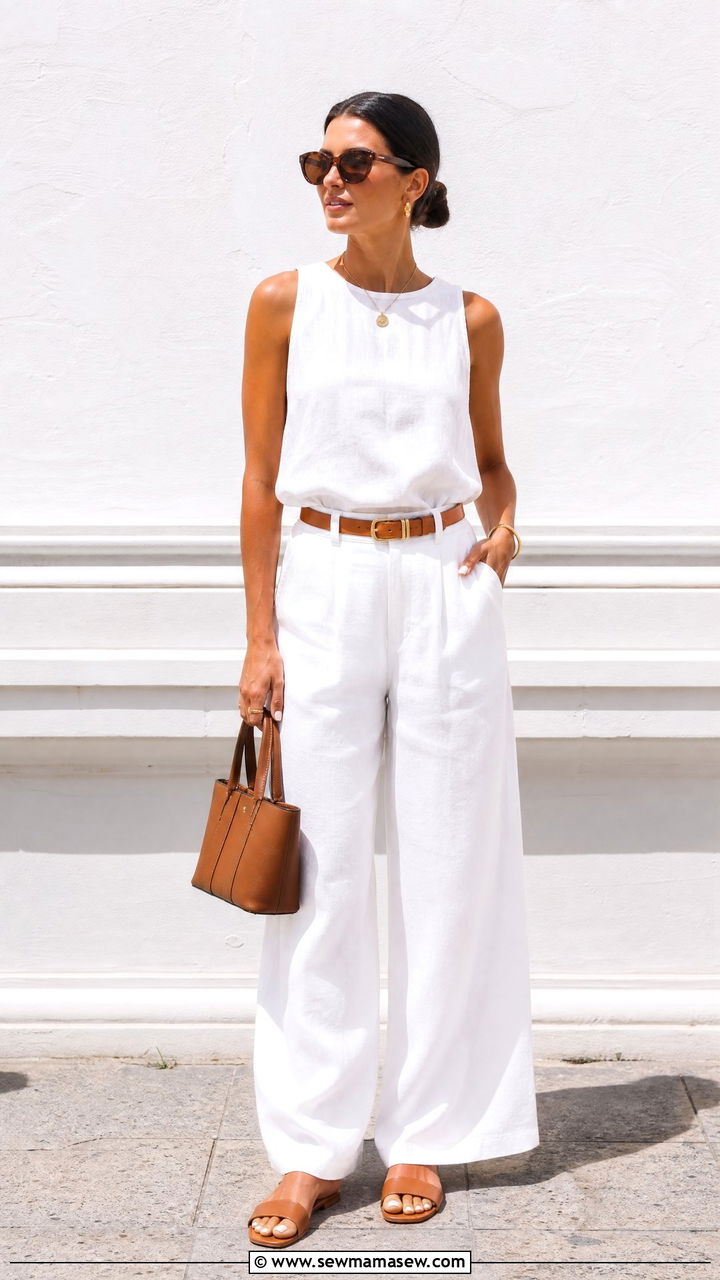 All White Linen Summer Outfit with Tan Accessories - 30 summer outfit ideas aesthetic