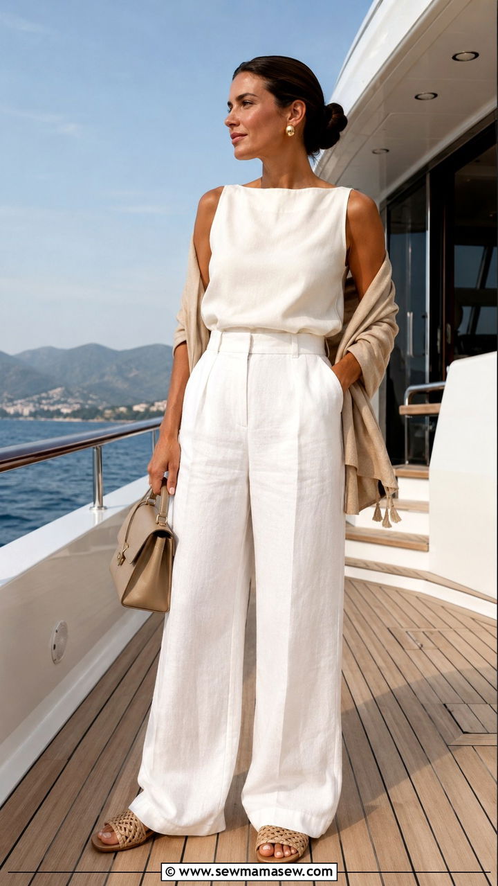 All White Linen Trousers With Breezy Blouse - 20 Summer yacht outfit ideas