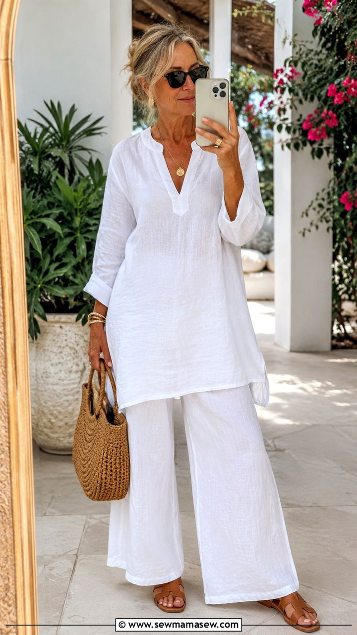 All White Linen Tunic with Wide Leg Pants - 30 Modest outfit ideas for women over 50