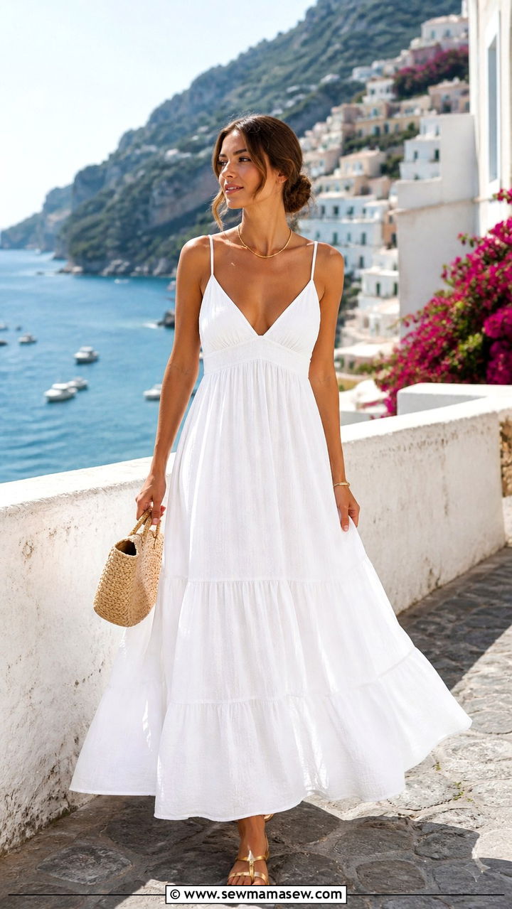 All White Maxi Sundress With Metallic Sandals - 40 What to wear in Positano