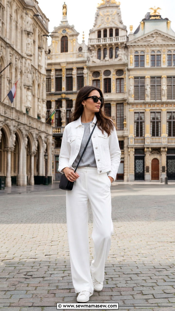 All White Monochrome Look With Denim Jacket And Relaxed Trousers - 20 Antwerp outfit ideas