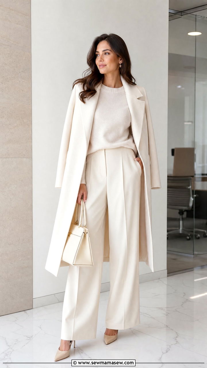 All White Monochrome Look With Wool Coat And Cashmere Sweater - 35 Modern office outfit ideas