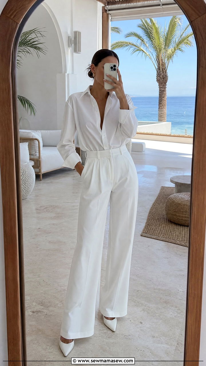 All White Monochrome Outfit With Wide Leg Pants - 25 Outfit ideas to elongate legs