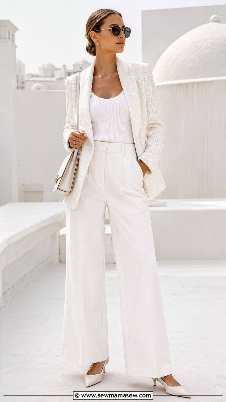All White Monochrome Set With Textured Blazer - 30 Outfit ideas for short torso