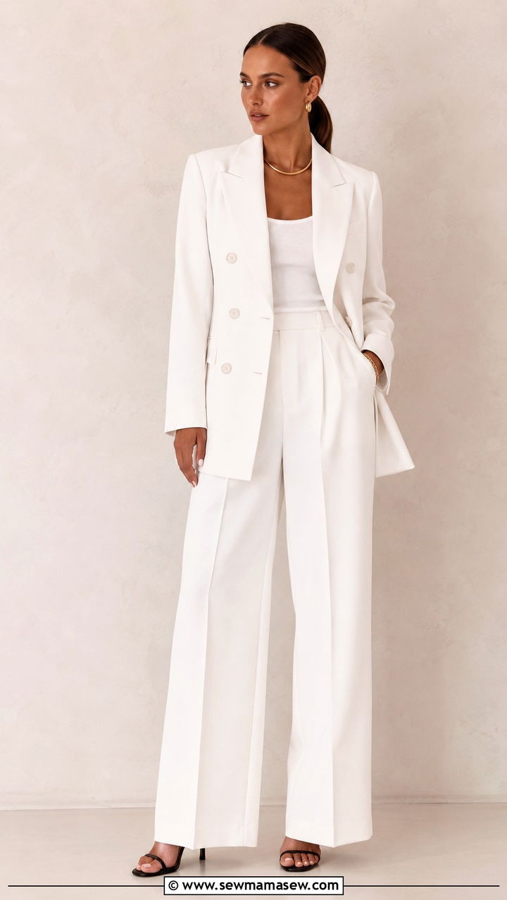All White Monochrome Wide Leg Suit - 20 Quiet luxury outfit ideas Meghan Markle