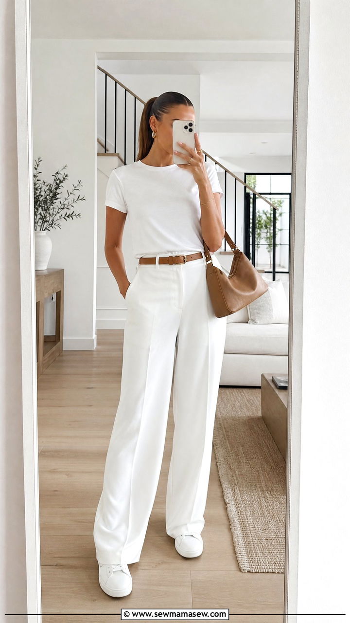 All White Monochrome With White Tee Wide Leg Pants And Sneakers - 30 clean girl outfits ideas