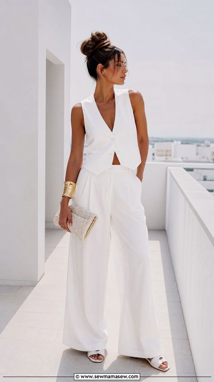 All White Monochrome With Wide Leg Pants and Tailored Vest Messy Bun - 25 French girl outfit ideas with messy bun