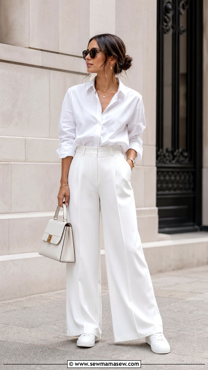 All White Monochrome With Wide Leg Trousers - 35 aesthetic outfits for women