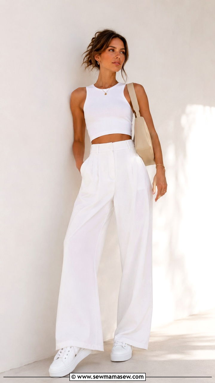 All White Monochrome with Cropped Top and Wide Leg Trousers - 30 Spring outfits with white sneakers