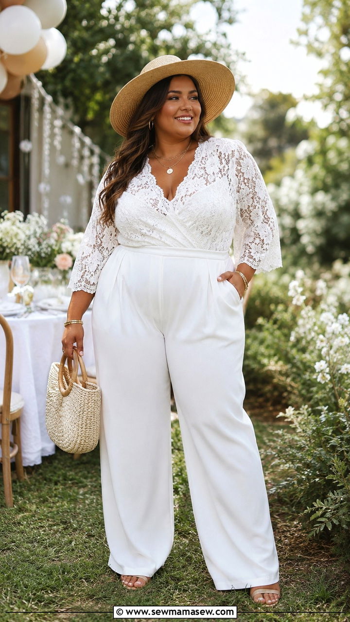 All White Outfit With Wide Brim Hat - 30 Plus size outfit ideas for baby shower