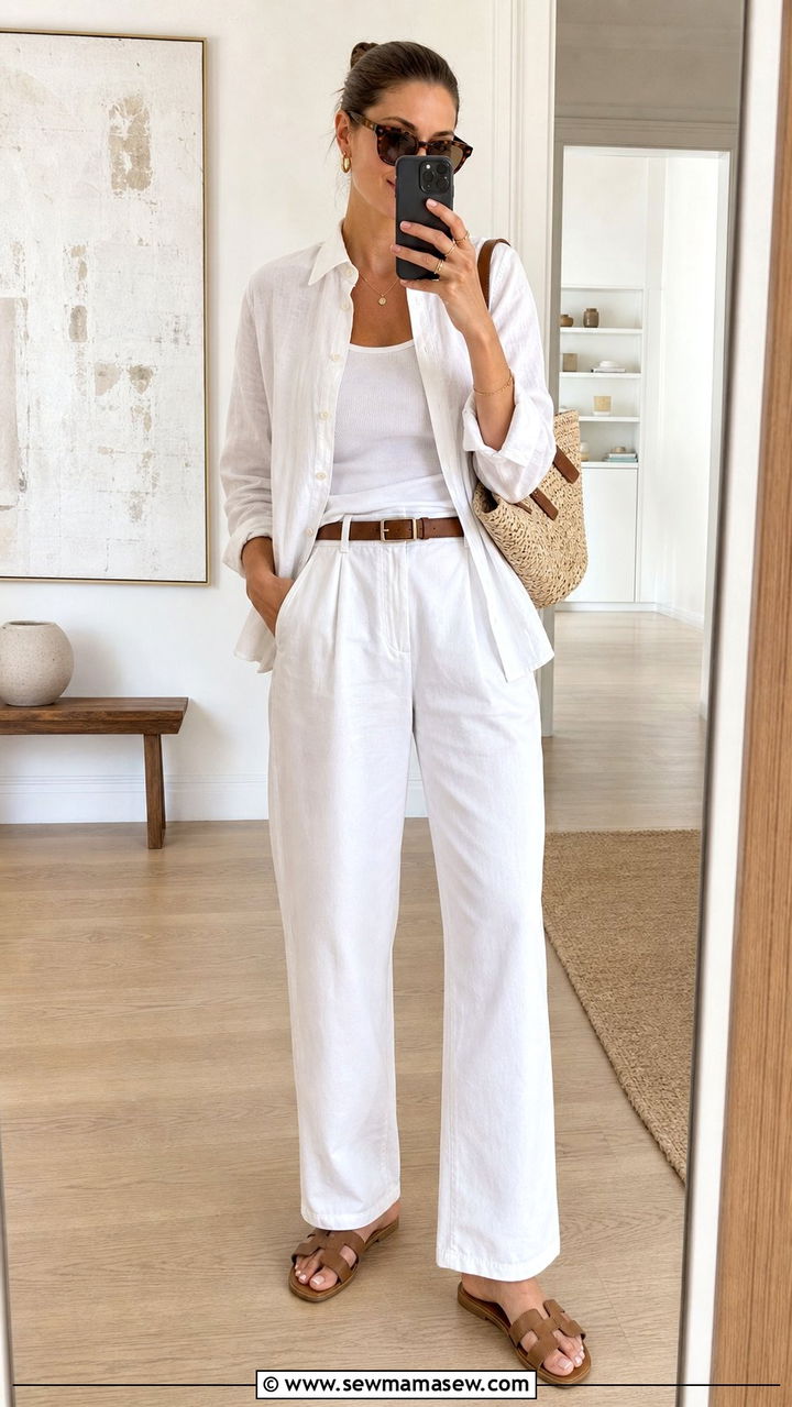 All White Outfit with White Button Down White Trousers and Tan Sandals - 25 Summer capsule wardrobe Parisian
