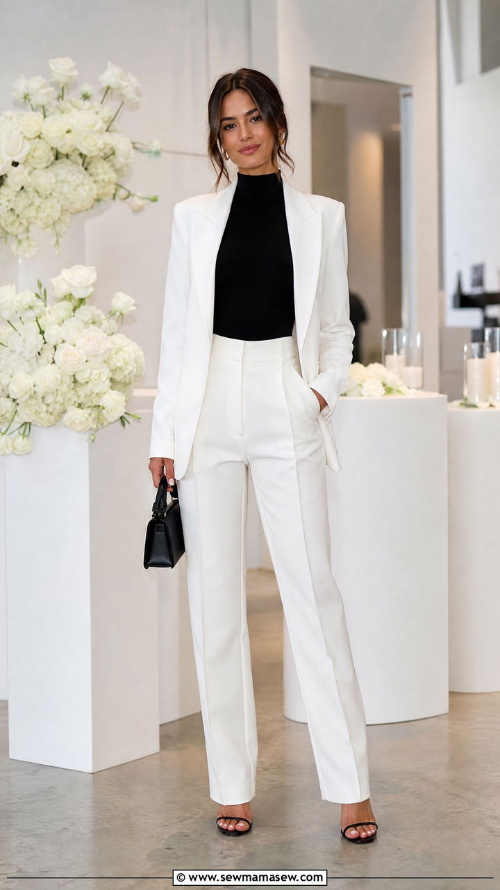All White Suit With A Black Bodysuit And Strappy Heels - 30 Marketer outfit ideas
