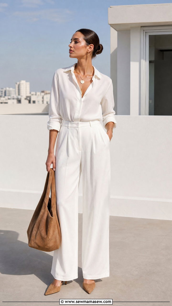 All White Summer Look With Tan Suede Mules And Tote - 30 Summer suede outfits