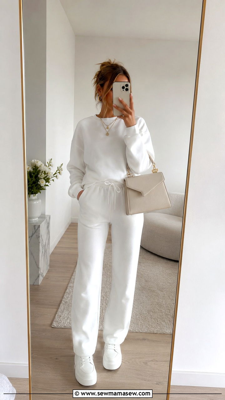 All White Sweatsuit With Gold Accessories - 30 spring sporty chic outfit ideas