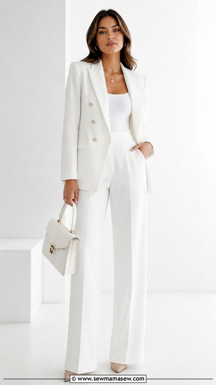 All White Tailored Suit with Nude Pumps - 20 Old money outfit ideas Meghan Markle