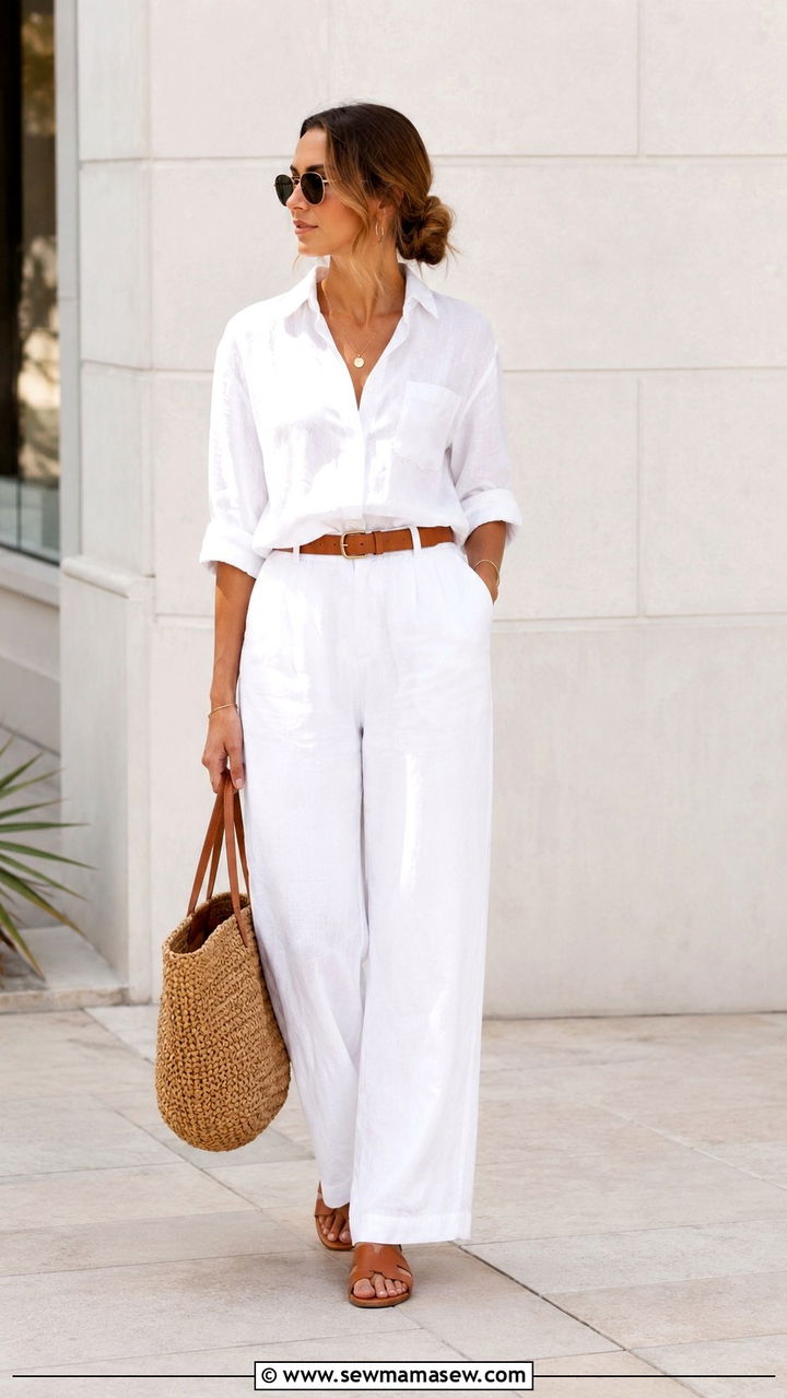 All White Two Piece Set with Tan Leather Accessories - 30 Chill summer outfit ideas