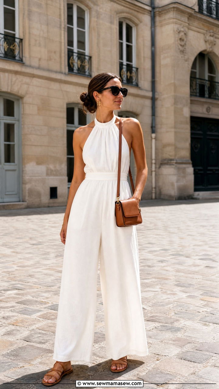 All White Wide Leg Jumpsuit With Tan Accessories - 30 summer paris trip outfit ideas