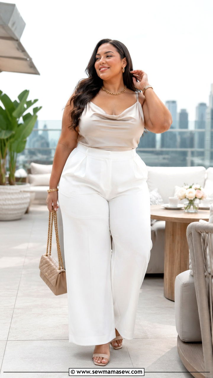 All White Wide Leg Trousers with Silky Cami - 30 Brunch outfit ideas plus size