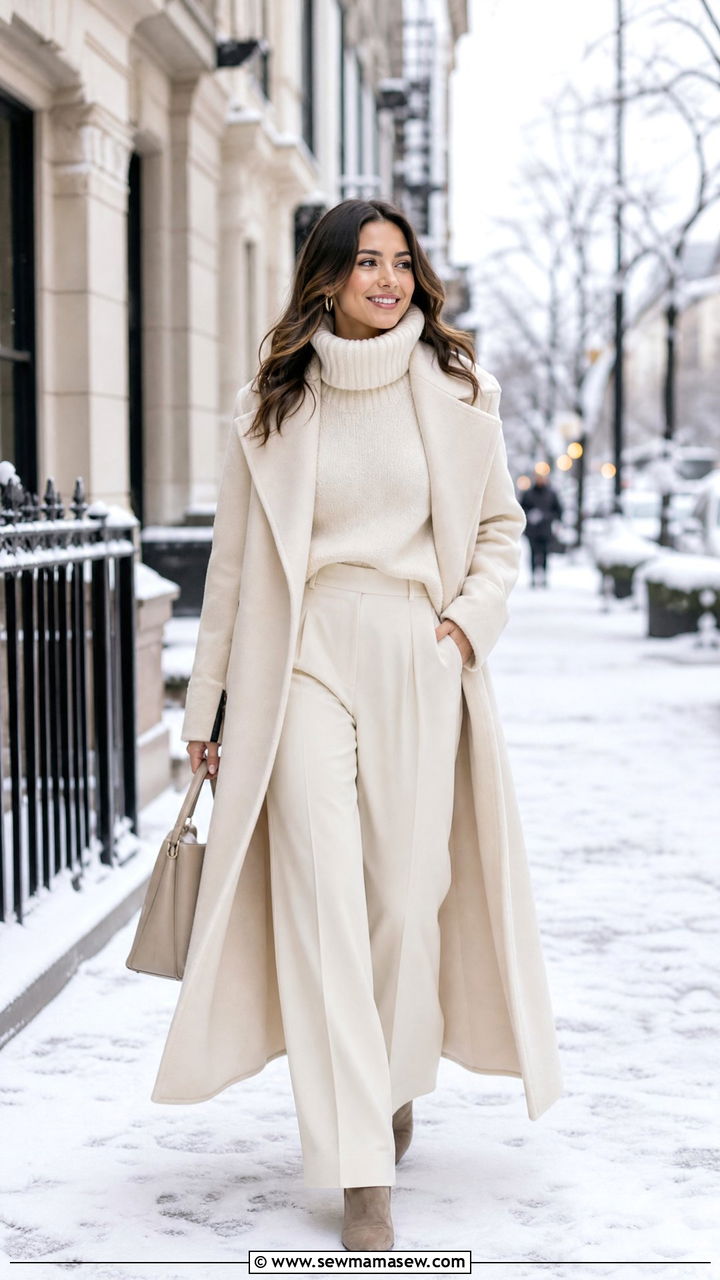 All White Winter Outfit With Cream Wool Coat - 25 cute fashion inspo outfits
