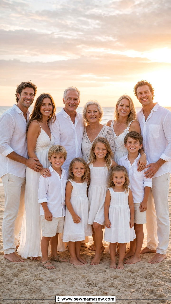 All White and Cream Beach Sunset Outfit - 25 Family photo outfits for large families