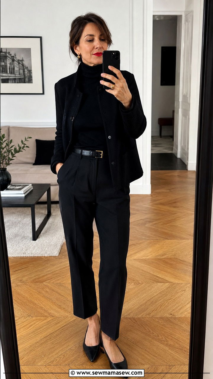 All black Parisian outfit with pointed flats - 30 parisian outfit ideas for women over 40