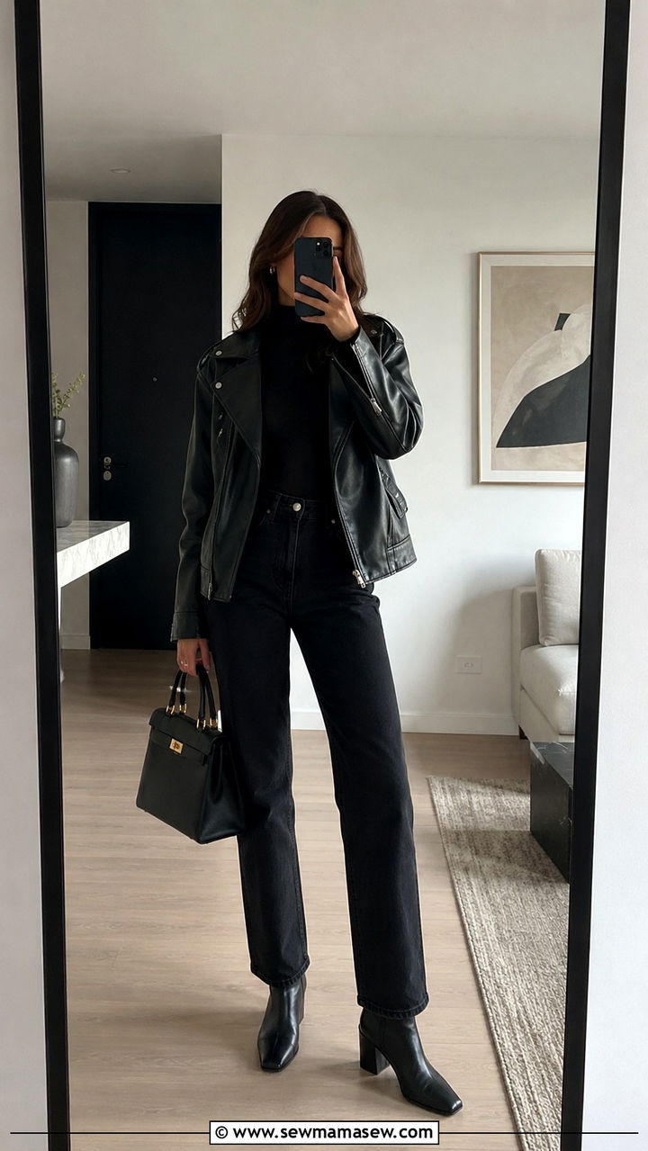 All black ensemble with leather jacket and ankle boots - 30 Overcast day outfit ideas