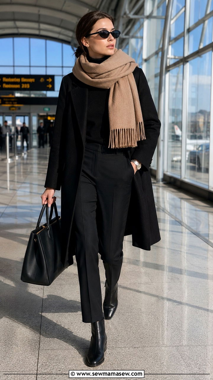All black ensemble with one statement camel cashmere scarf - 30 Quiet luxury outfit ideas for airport