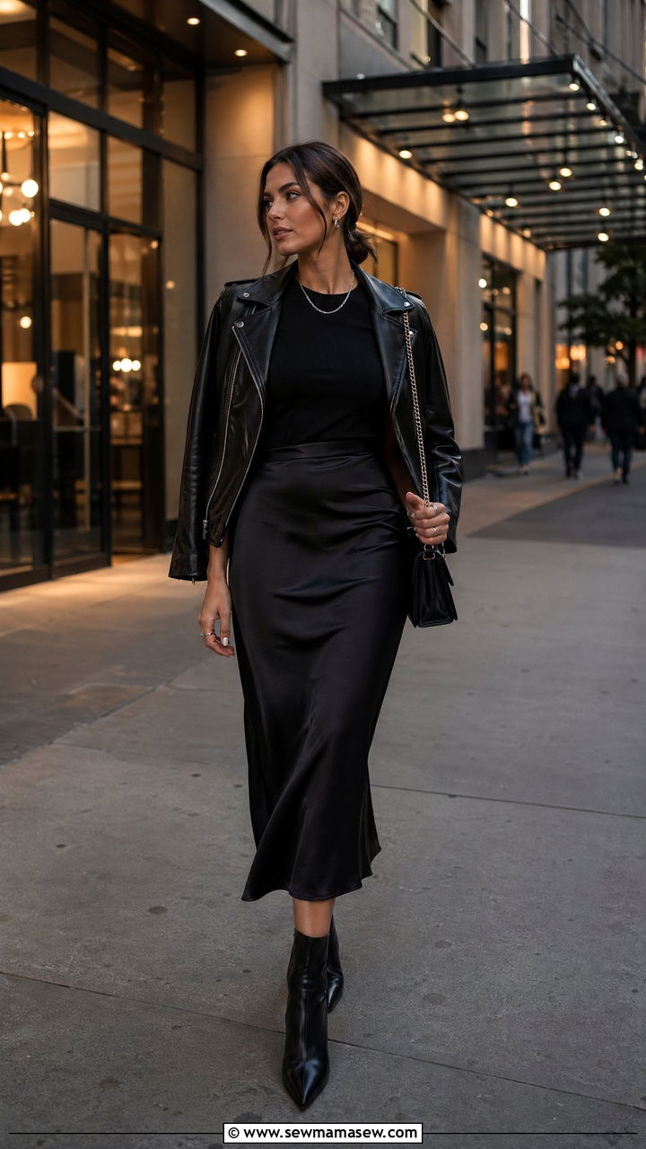 All black ensemble with satin midi skirt and leather jacket - 35 elegant outfits for women