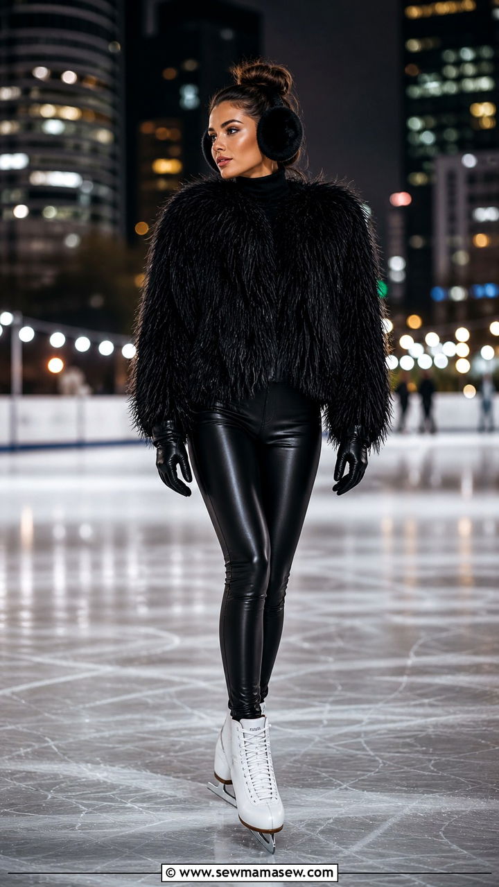 All black fuzzy jacket leather pants and earmuffs skating outfit - 40 Ice skating outfit ideas