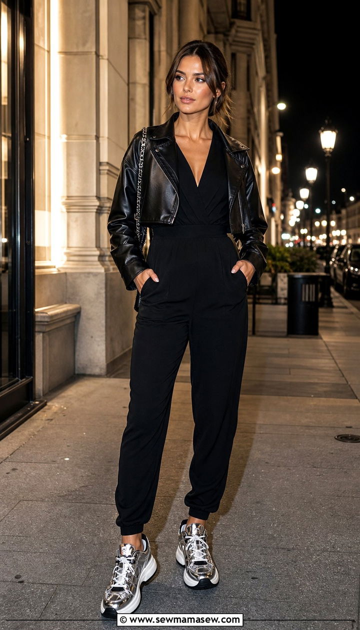 All black jumpsuit with statement sneakers and a leather jacket - 25 sneaker outfits aesthetic