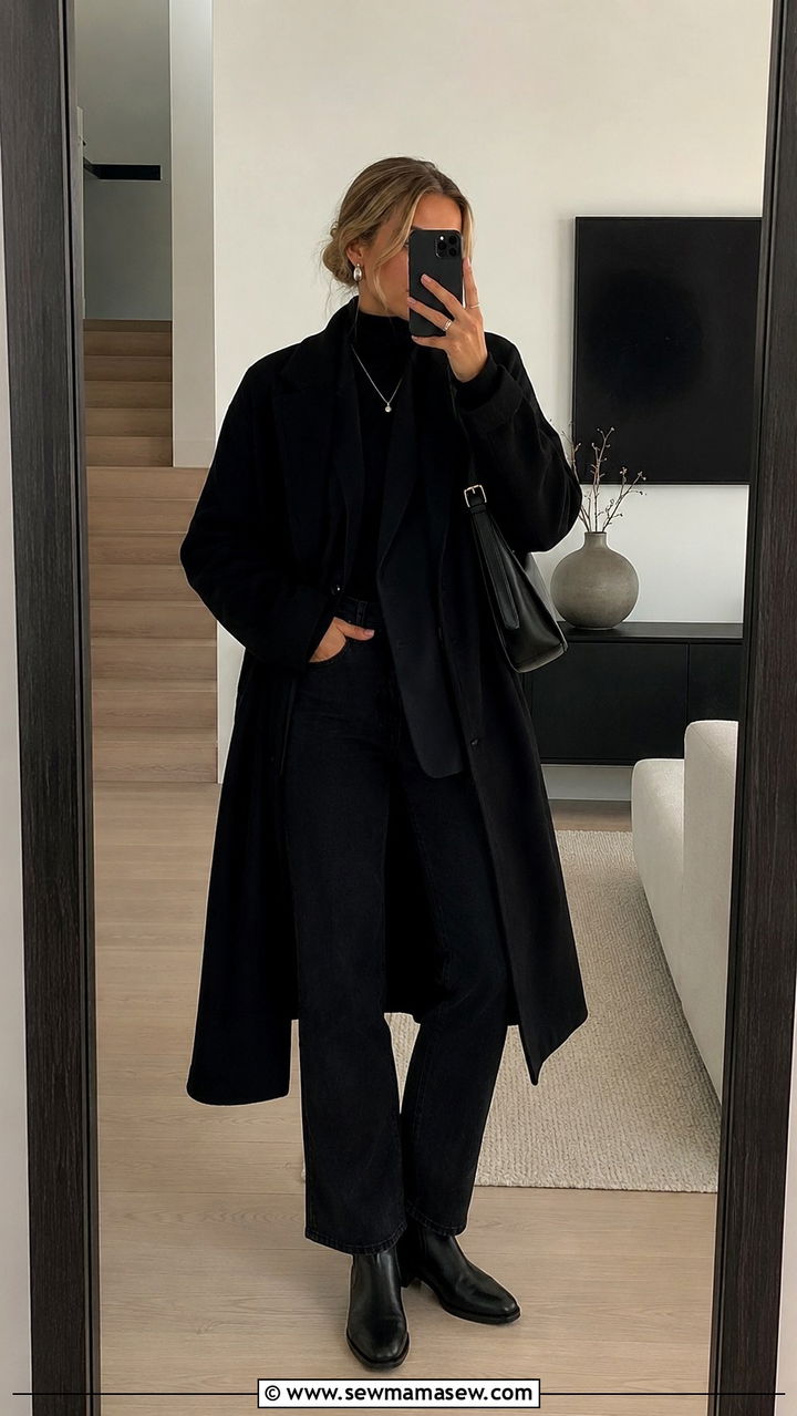 All black layered outfit with wool coat and jeans - 25 Scandinavian cozy outfit ideas