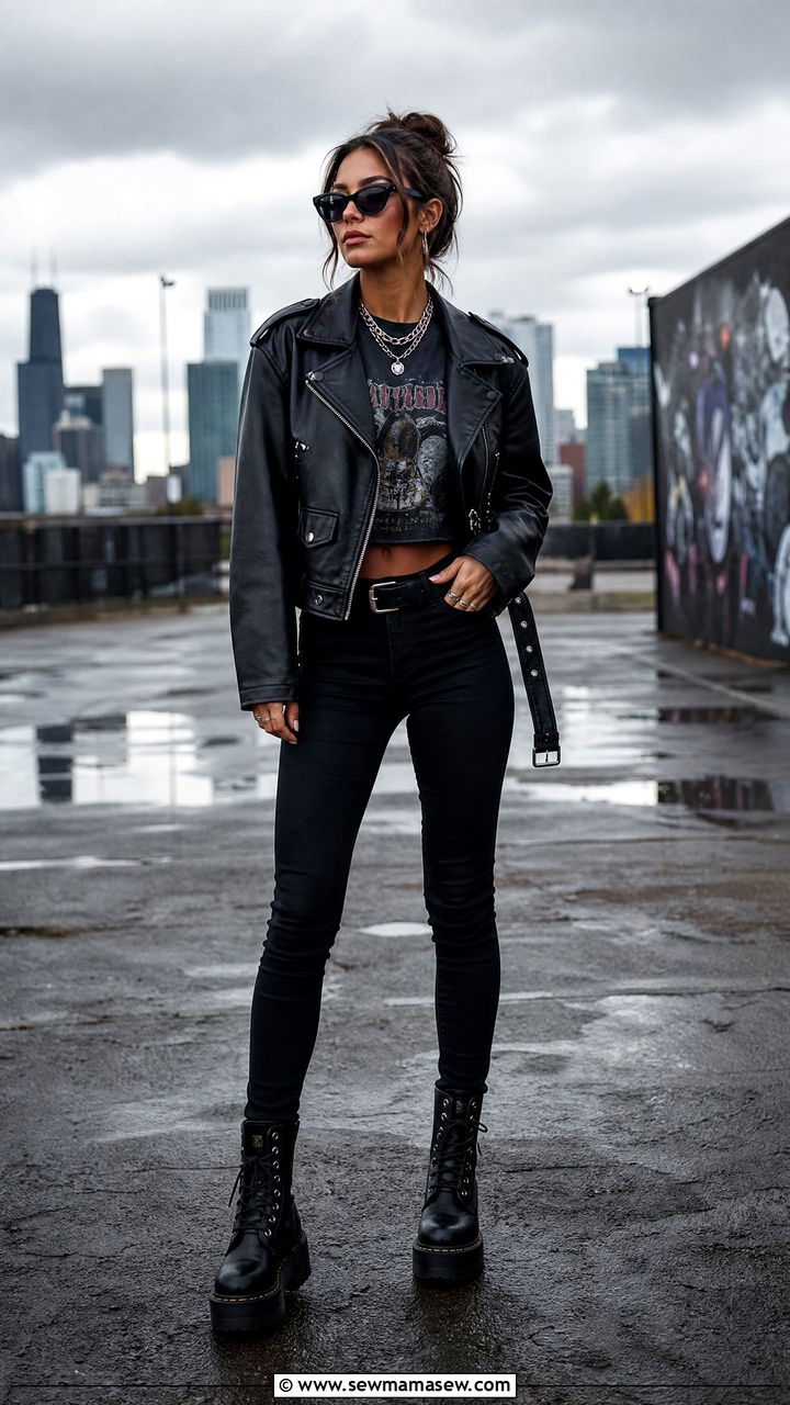 All black leather jacket with band tee and skinny jeans - 35 Lollapalooza outfit ideas