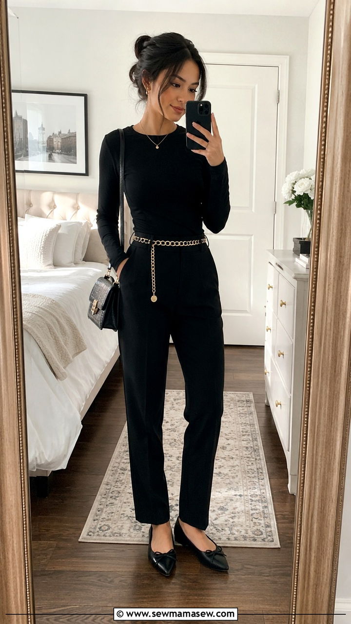 All black long sleeve top and straight leg trousers with black flats - 25 Petite outfit ideas affordable