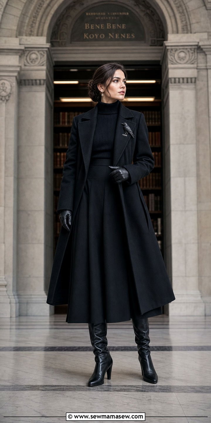 All black monochrome look with wool coat and leather gloves - 25 Dark academia outfit ideas 2026