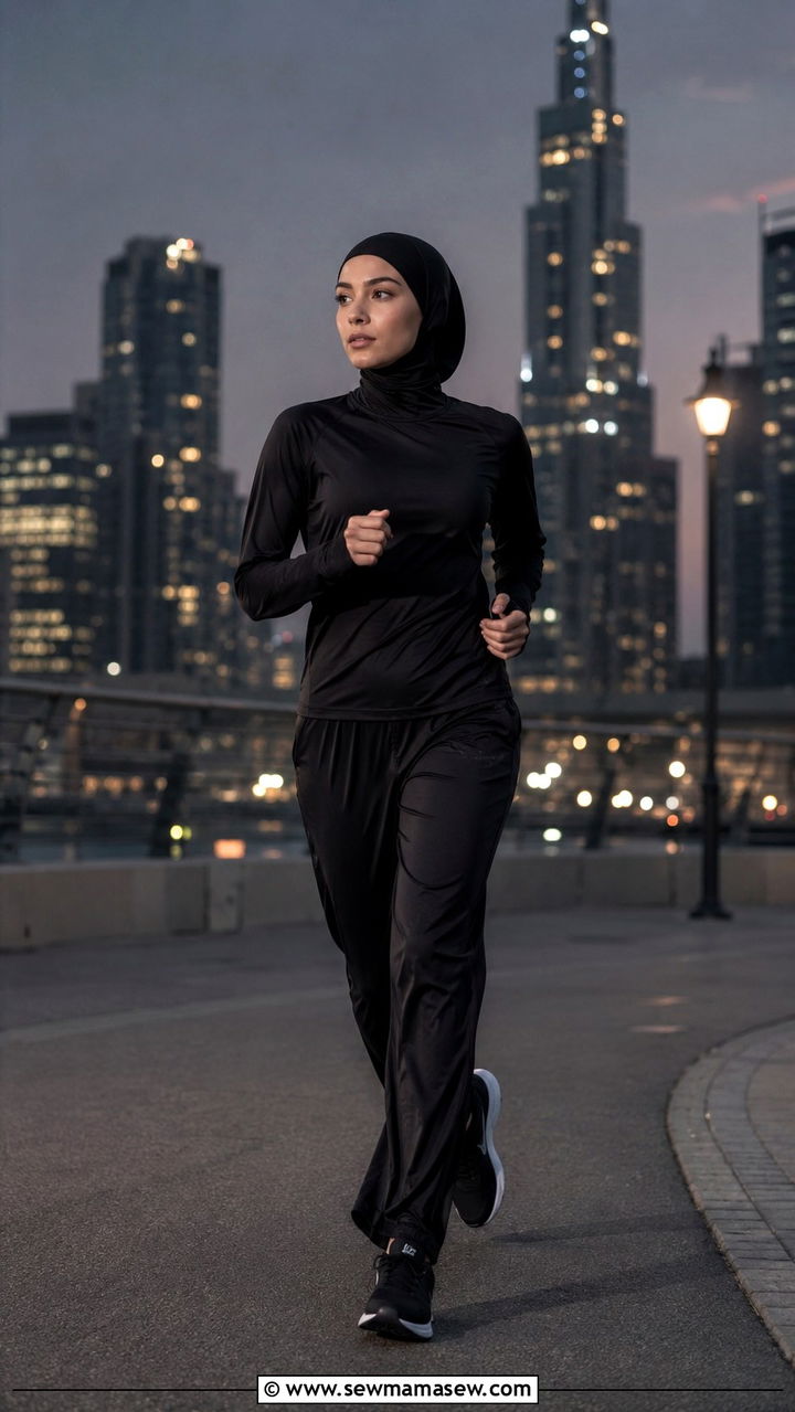 All black monochrome modest running set with black sports hijab - 25 Modest running outfit ideas with hijab