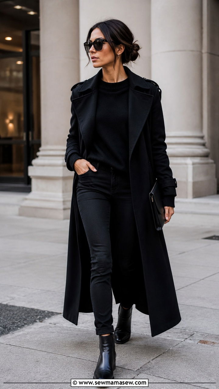 All black monochrome outfit with black skinny jeans - 25 Black trench coat outfit ideas with jeans