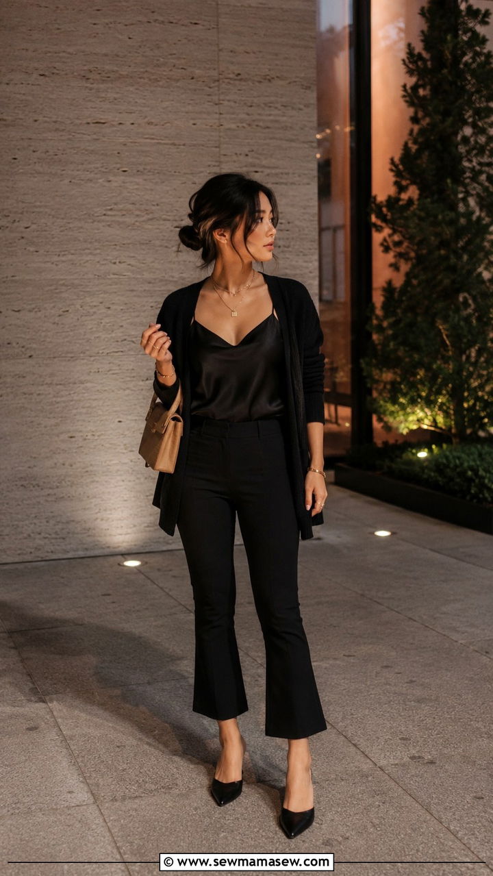 All black monochrome outfit with gold accessories - 30 Petite outfit ideas tips