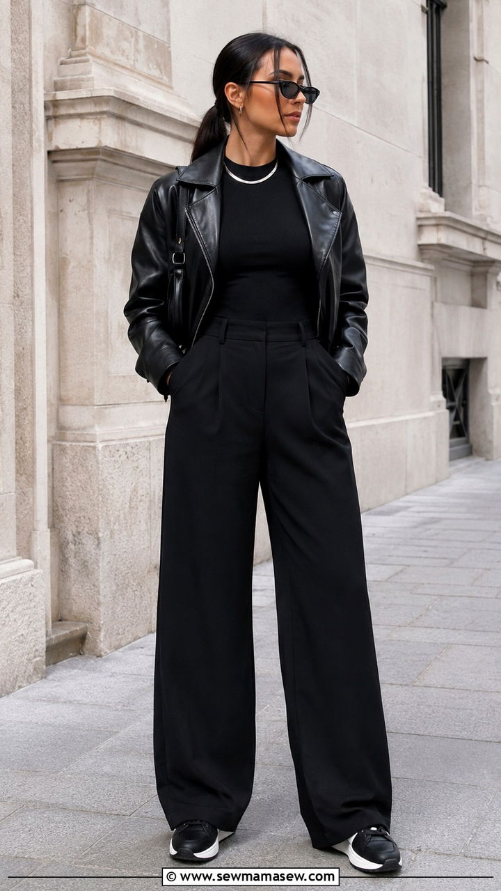All black monochrome wide leg pants outfit with sneakers - 25 Wide leg black pants outfit ideas with sneakers