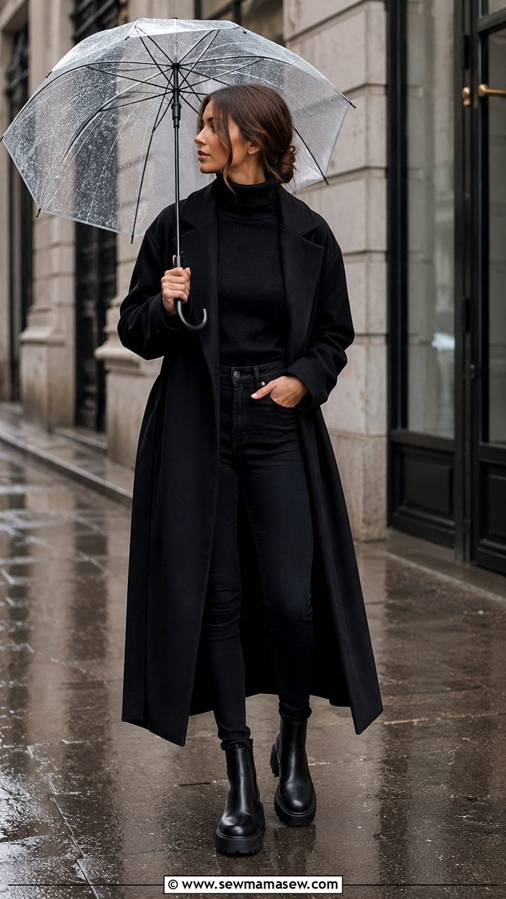 All black monochrome with a long coat and boots - 30 Rainy day weekend outfit ideas