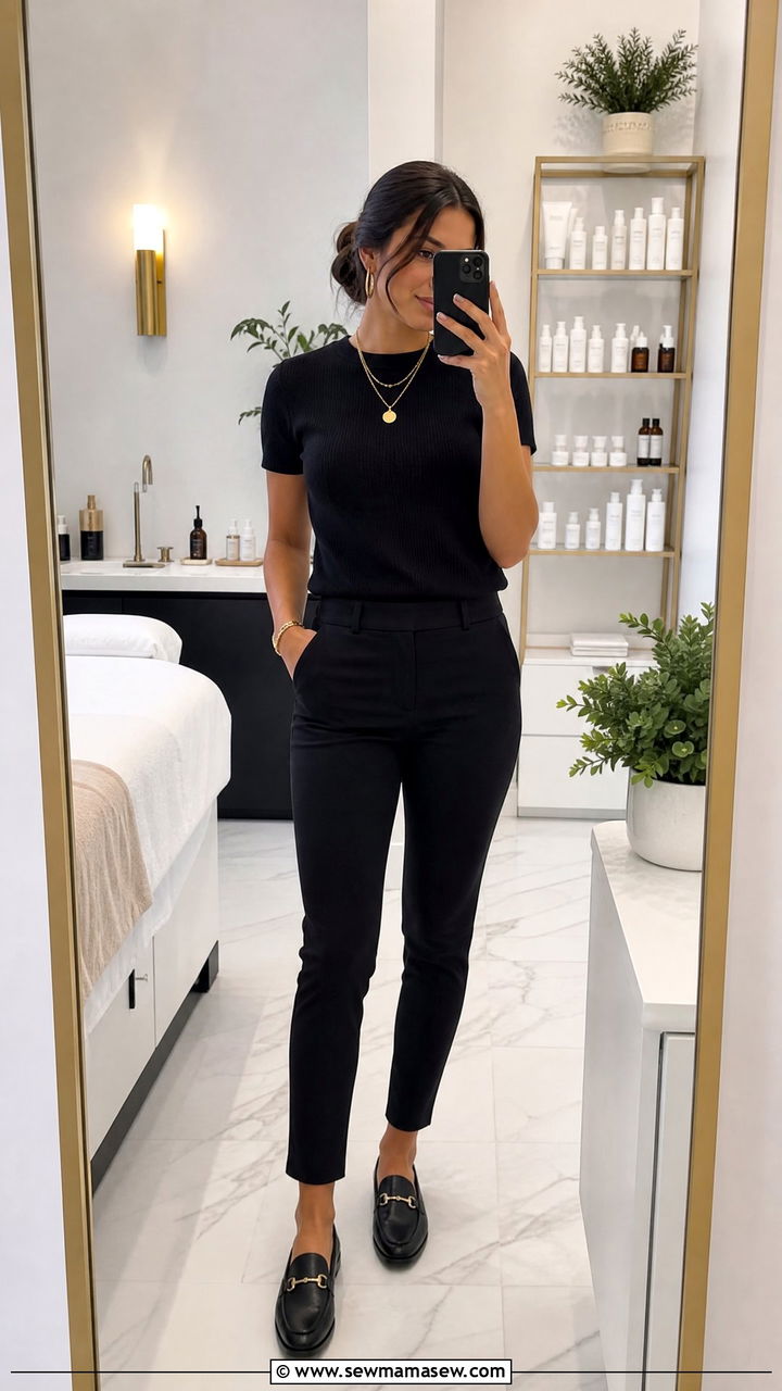 All black outfit with gold accessories - 30 Esthetician outfit ideas