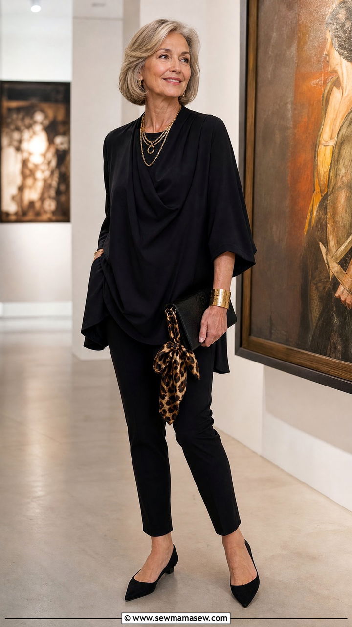 All black outfit with gold accessories - 30 French girl outfit ideas for women over 60