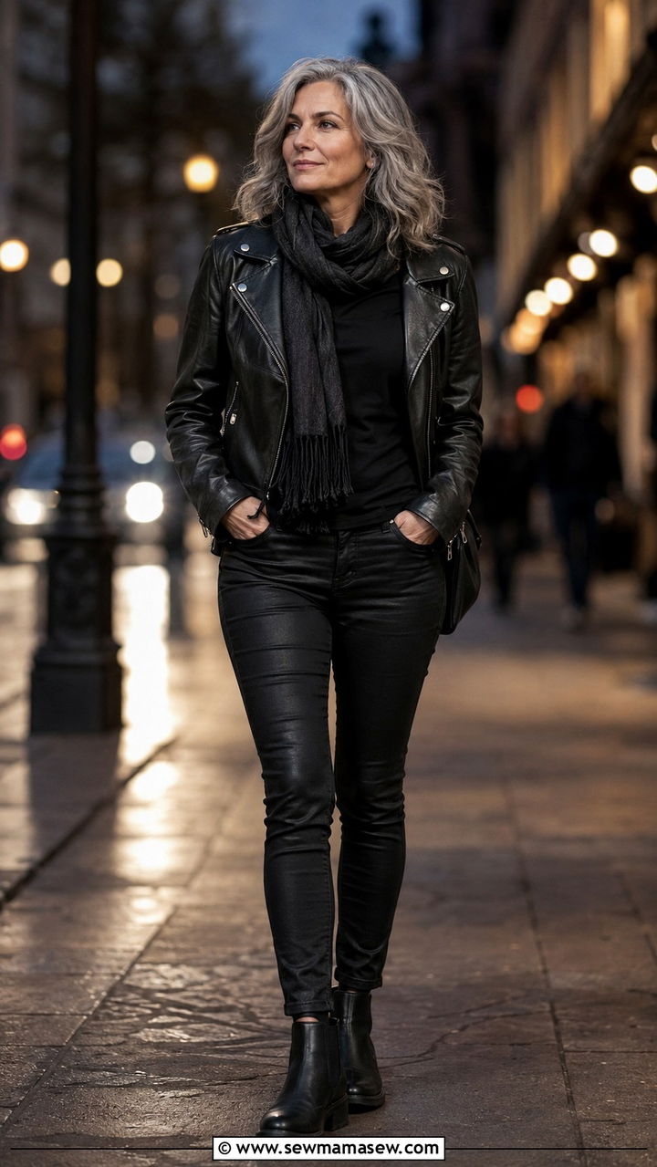 All black outfit with moto jacket over 50 - 30 Midsize outfits for women over 50